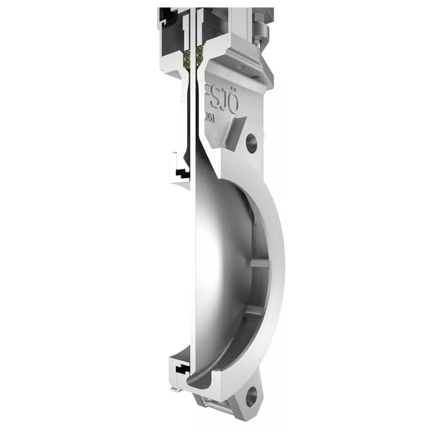 Cutaway view of Stafsjö MV knife gate valve showing metal seat and flow path