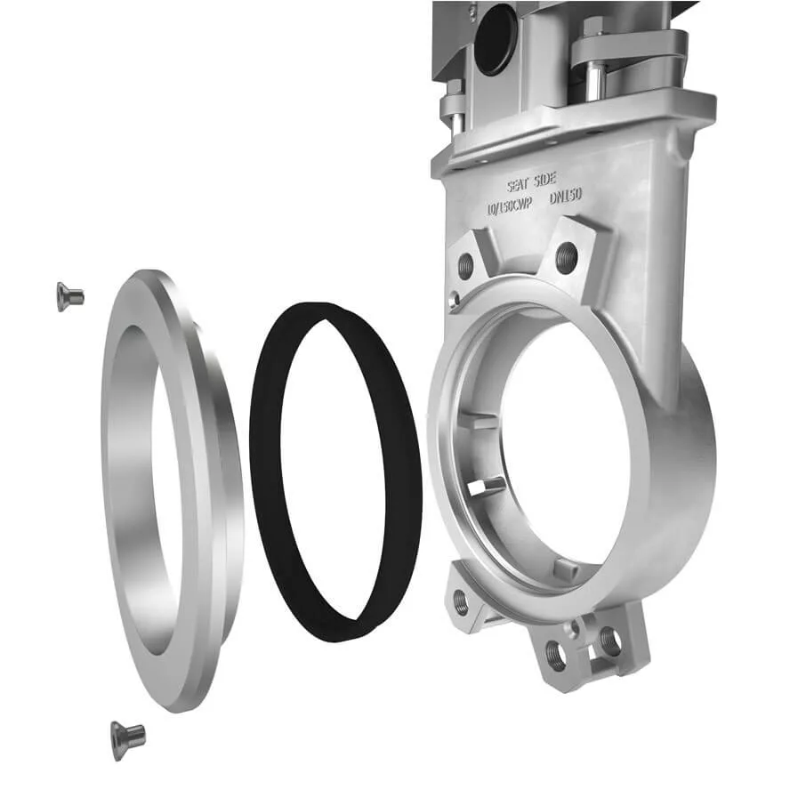Exploded view of MV valve showing seat ring and retainer for easy maintenance