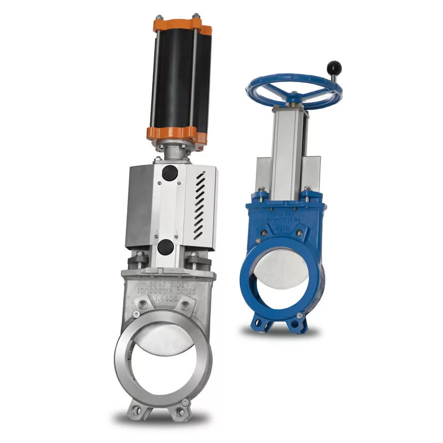 Stafsjö MV knife gate valve showing pneumatic actuated version and blue one with manually operatrd handwheel