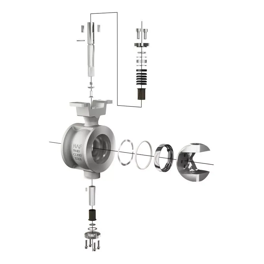 Exploded view of NAF-Setball SF segmented ball valve showing internal components and modular trim