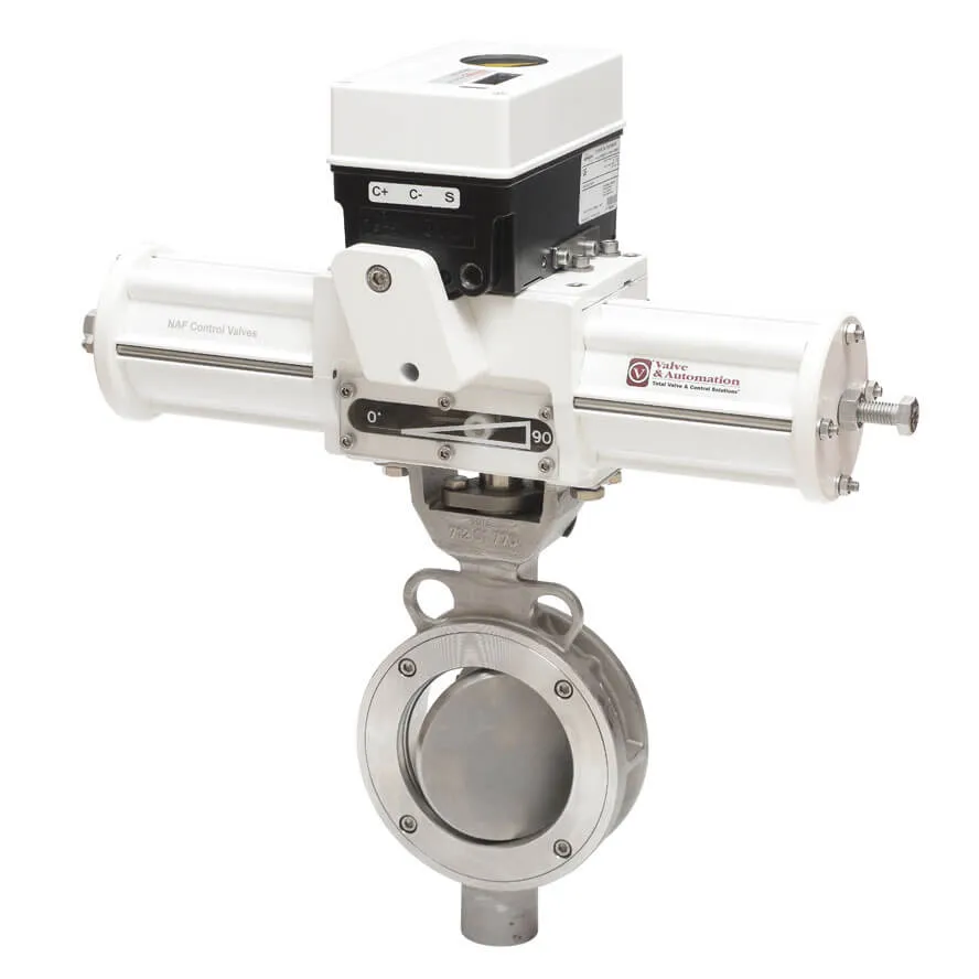 NAF-Torex high-performance butterfly valve with pneumatic actuator and positioner, used for isolation, on-off and modulating control.