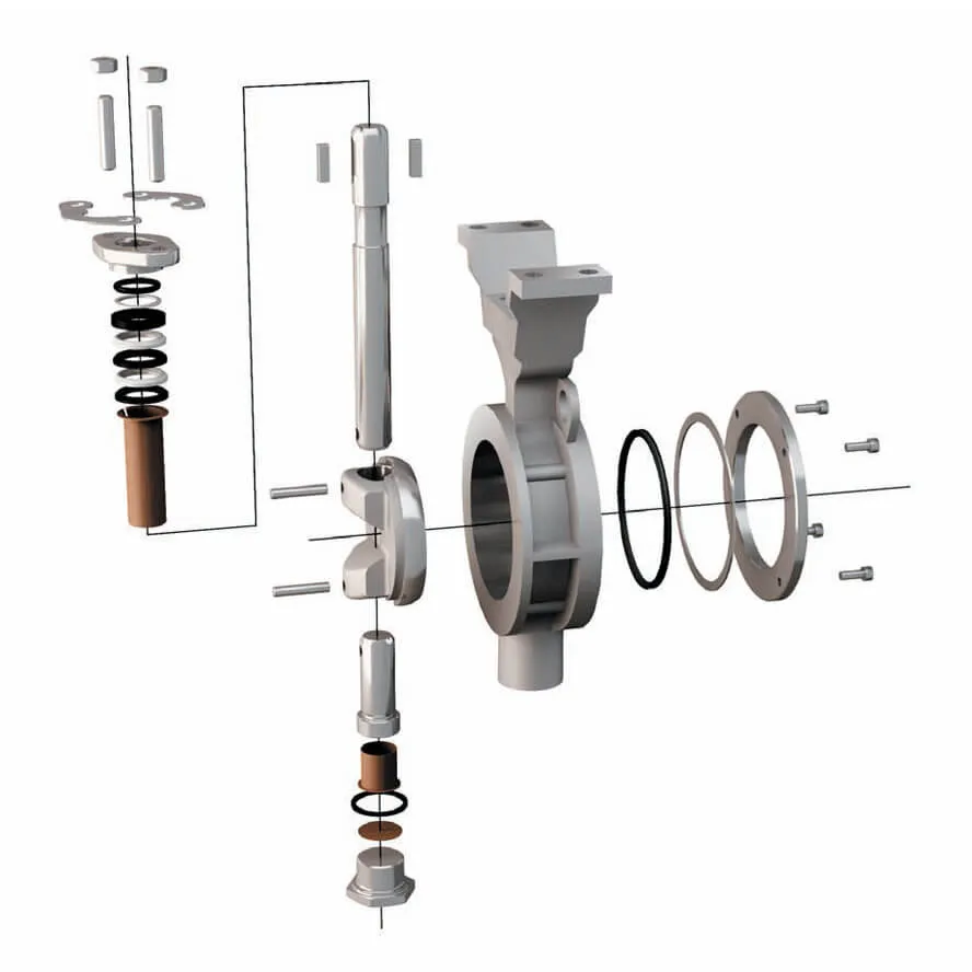 Exploded view of the NAF-Torex butterfly valve showing internal components and modular design for ease of maintenance and conversion.